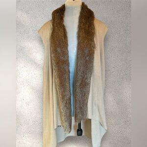 Calvin Klein Faux Fur Trimmed Sleeveless Open Drape Vest In Camel and Brown 2X